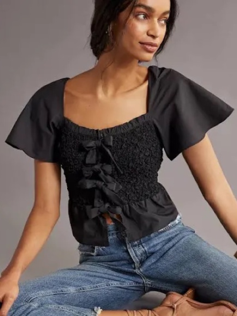 Black Smocked Bow-Front Flutter Sleeve Crop Top - Women